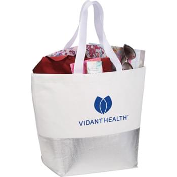Large Non-Woven Metallic Bottom Tote - Large open main compartment shopping tote is accented with a metallic bottom panel. Webbed carry handles.
