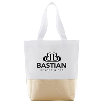 Non-Woven Mini Metallic Bottom Laminated Tote - Perfect alternative to plastic bags. Open main compartment. Laminated material is water-resistant and easily wipes clean. 8" drop handles.