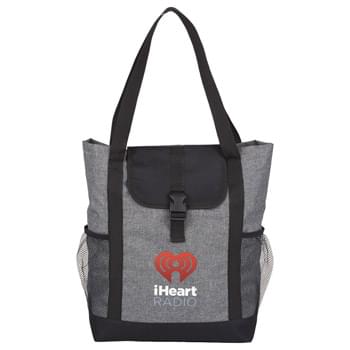 Buckle 11" Tablet Tote - This trendy convention tote is ideal to carry up a 11" tablet and other accessories. Clip and flap main compartment closure. Mesh pockets on both sides of this tote for added storage. 11" handle drop height. 