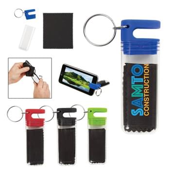 Cleaning Cloth/Phone Stand Key Tag - CLOSEOUT! Please call to confirm inventory available prior to placing your order!<br />Microfiber Cleaning Cloth | Silicone Cap Holds A Variety Of Phone Sizes For Easy Viewing | Protective Plastic Travel Case | Split Ring Attachment | Small Size Is Great For Pocket, Purse Or Travel Bag