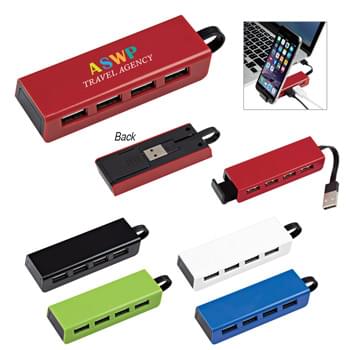 4-Port Traveler USB Hub With Phone Stand - Connect To Multiple USB Devices At Once! | 4 High Speed USB Ports | Cord Attached And Stored Underneath | Features A Slide-Out Phone Stand