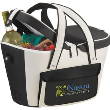Picnic Basket Cooler - Main compartment features unique picnic basket design with dual snap closures. Holds up to 24 cans. External accessories pockets. 6" handle drop height. Insulated PEVA lining.