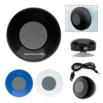 Waterproof Shower Speaker - Wireless Speaker Featuring High Definition Bluetooth 3.0 Technology | Simply Pair Your Handheld Device With The Speaker To Enjoy Dynamic Stereo Sound | Features A Built-In Microphone And Controls For Song Selection, Volume And Hands-Free Calling | Large Suction Cup For Easy Mounting To Smooth Surfaces | Pairs From Up To 30 Feet Away | Recharageable Battery And Cords Included | Up To 6 Hours Of Play Time | The Bluetooth word mark and logos are registered trademarks owned by the Bluetooth SIG, Inc. and any us