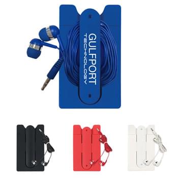 Phone Wallet With Earbuds - Adheres To Back Of Your Phone With Strong Adhesive | Wrap Earbuds Around To Stay Tangle Free | Perfect For Carrying Identification, Room Keys, Business Cards, Cash Or Credit Cards | Doubles As A Vertical Or Horizontal Phone Stand | Simply Push Down On The Center Strip Of The Wallet To Prop Up Your Phone! | Fits Most Smart Phones And Works With Most Audio Devices | Matching Earbuds With 48" Cord