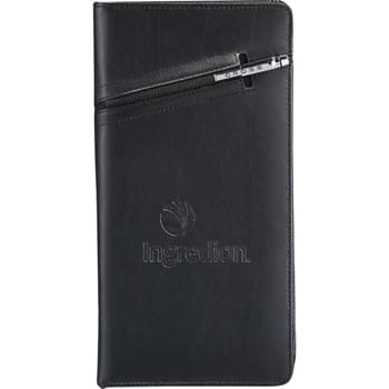 Cross® Travel Wallet with Pen - Set includes the 2767-35 Cross® Travel Wallet and 2767-99 Cross® Signature Mini Pen.  Premier leather wallet features a cleverly integrated pen sleeve that's ideal for storing the complimenting Cross® pen.  Zippered closure keeps contents secure.  Interior organization includes a passport holder, ID holder, three business or credit card pockets, elastic pen loop, zippered pocket, and boarding document holder.