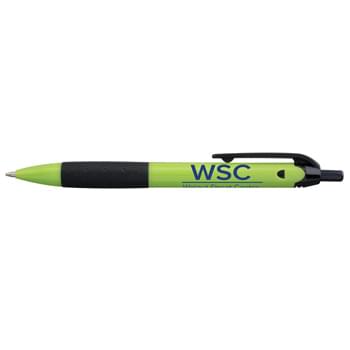 Sasta&trade; - Fun promotional pen with unique details and a budget price. Vibrant brights accented with black accents and textured grip. Generous imprint area really makes your imprint stand out