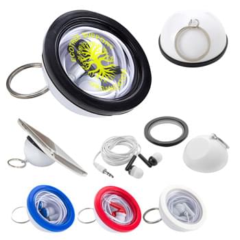 Incline Earbuds Holder With Phone Stand - CLOSEOUT! Please call to confirm inventory available prior to placing your order!<br />Protective Plastic Travel Case | Sits At An Angle, Silicone Rim To Keep Phone In Place | Works With Most Audio Devices | Split Ring Attachment | Small Size Is Great For Pocket, Purse Or Travel Bag | 48" Cord