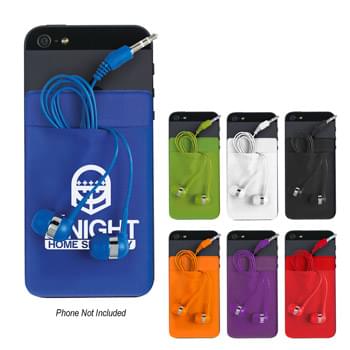 Stretch Phone Card Sleeve With Earbuds - Adheres To Back Of Your Phone With Strong Adhesive | Perfect For Carrying Identification, Room Keys, Business Cards, Cash or Credit Cards | Stretchy Spandex Material | Fits Most Smart Phones And Works With Most Audio Devices | Matching Earbuds With 48" Cord