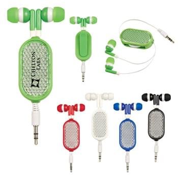 Retractable Reflective Earbuds - CLOSEOUT! Please call to confirm inventory available prior to placing your order!<br />Pull To Extend And Retract | Back Clip For Secure Placement | Works With Most Audio Devices | Small Size Is Great For Pocket, Purse Or Travel Bag | 31" Cord