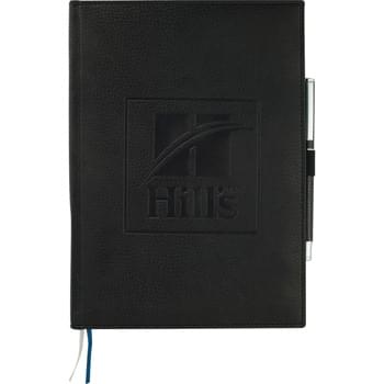 Vicenza Large Bound JournalBook - Elastic pen loop. Blue and silver ribbon page markers. Includes 96 sheets of lined paper.