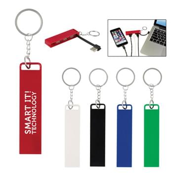 3-Port Traveler USB Hub Key Chain - CLOSEOUT! Please call to confirm inventory available prior to placing your order!<br />Connect To Multiple USB Devices At Once! | 3 High Speed USB Ports | Cord Attached And Stored Within | Split Ring Attachment