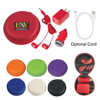 3-In-1 Travel Kit - Includes Car Adapter, UL Listed USB A/C Adapter (UL File # E340754, Model # SC Series) And Ear Buds | Compact Round Case Is Great For Pocket, Purse Or Travel Bag | 48" Ear Bud Cord