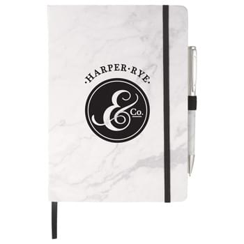 Marble Hard Bound JournalBook&trade; - Faux marble hard cover bound journal with built in elastic closure, elastic pen loop and ribbon page marker. 80 sheets of cream lined paper. Back document pocket. Pen is not included.