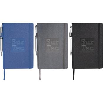 Modena Bound JournalBook&trade; - Premium, textured hard cover bound journal. Elastic pen loop on spine. Elastic closure and ribbon page marker. Back document accordion pocket. 96 white lined sheets of paper with color matching painted edges.