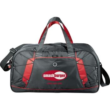 Shockwave Sport Duffel - Zippered main compartment. Front Velcro media pocket with earbud port. Elastic bungee cords and pen loop. Adjustable shoulder strap and contrast carry handles.
