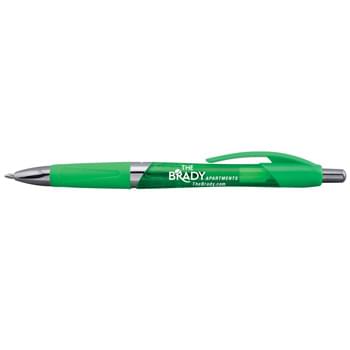 Gassetto&trade; Gem - Eye-catching promotional pen with unique details and a budget price. Vibrant translucent brights contrast with bold silver trim. Jumbo ergonomic shape and grooved black rubber grip for writing comfort. Hub branded silver band