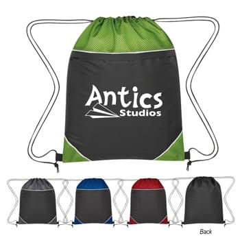 Snare Drawstring Sports Pack - CLOSEOUT! Please call to confirm inventory available prior to placing your order!<br />Made Of Combo: 210D Polyester And Mesh | Large Front Zippered Pocket | Drawstring Closure | Spot Clean/Air Dry