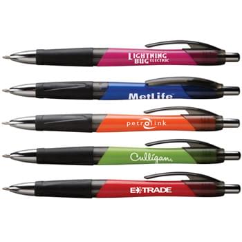 Gassetto - Eye-catching promotional pen with unique details and a budget price. Vibrant brights contrast with translucent black and shining chrome trim. Jumbo ergonomic shape and grooved black rubber grip for writing comfort. High perceived value at a budget price.