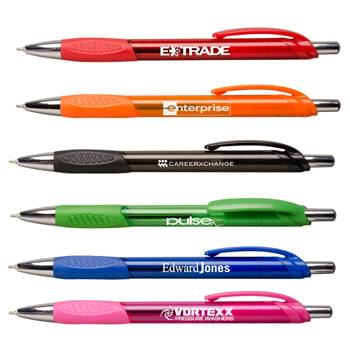 Macaw - Sleek modern style in vibrant brights with chrome accents.  Translucent barrel with sculpted rubber grip for writing comfort.  Supersmooth writing blue hybrid ink.