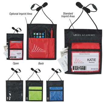 Badge Holder Neck Wallet - Made of 420D Nylon | Zippered Compartment | Breakaway Neck Cord | 4 Â¼" x 3 1/8" Clear Plastic Badge Window | Hidden Business Card Holder With Hook And Loop Flap Closure | Pen Holder And Pocket On Back