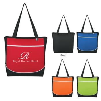 Curve Tote Bag - CLOSEOUT! Please call to confirm inventory available prior to placing your order!<br />Made Of 600D Polyester | Top Zippered Closure | Large Front Pocket | Loop For Attaching Pen Or Keys | 25 1/2" Handles | Spot Clean/Air Dry