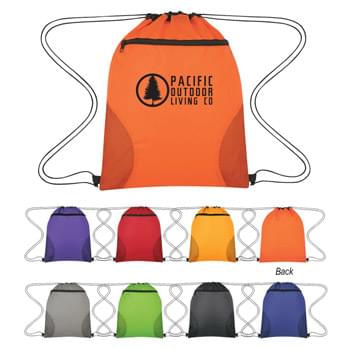 Courtside Drawstring Sports Pack - Made Of 210D Polyester | Large Front Zippered Pocket With Mesh Accents | Drawstring Closure | Spot Clean/Air Dry