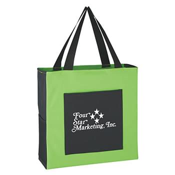 Simple Shopping Tote - CLOSEOUT! Please call to confirm inventory available prior to placing your order!<br />Large Front Pocket | Made Of 600D Polyester | 18 Â½" Handles | Mesh Side Pocket | Spot Clean/Air Dry