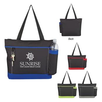 Journey Tote Bag - Made Of 600D Polyester | Top Zippered Closure | Large Front Pocket With Hook And Loop Closure | Large Side Bottle Pocket | Ring Attachment For Keys, Etc. | 25 1/2" Handles | Spot Clean/Air Dry