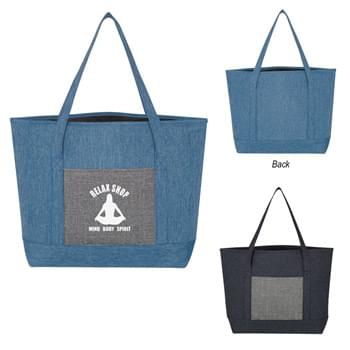 Denim-Effect Tote Bag - CLOSEOUT! Please call to confirm inventory available prior to placing your order!<br />Made Of Combo: 600D Polyester And Canvas Material | Front Pocket | 20" Handles | Spot Clean/Air Dry