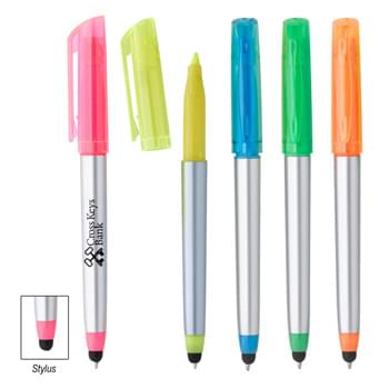 Trilogy Highlighter Stylus Pen - Twist Action   | Ballpoint Pen With Black Ink   | Chisel Tip Highlighter   | Twist To Use Pen And Retract To Use Stylus