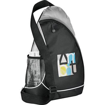 Sling Shot Sling - Main zippered compartment. Side mesh water bottle pocket.  Adjustable cross-over shoulder strap.