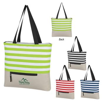 Broad Stripe Zippered Tote Bag - CLOSEOUT! Please call to confirm inventory available prior to placing your order!<br />Made Of 600D Polyester | Top Zippered Closure | Front Zippered Pocket | 25" Handles | Spot Clean/Air Dry