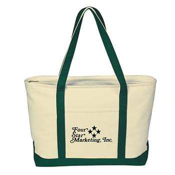 Large Heavy Cotton Canvas Boat Tote - 24 OZ. Canvas | 30" Handles | Outside Pocket | Zippered Top Closure | Spot Clean/Air Dry