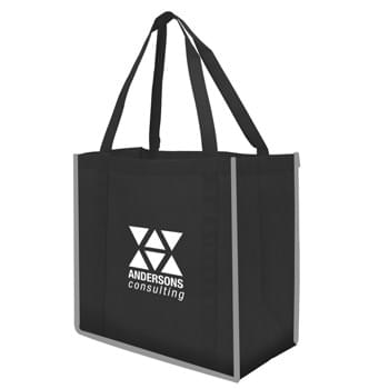 Reflective Large Grocery Tote Bag - Made Of 80 Gram Non-Woven, Coated Water-Resistant Polypropylene | Great For Grocery Stores, Markets, Book Stores, Etc. | Patented Reflective Piping Accents | 8" Gusset With Matching Covered Bottom Insert | Reusable | Recyclable | 23 " Handles | Spot Clean/Air Dry