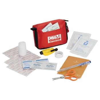 StaySafe Accident Kit - CLOSEOUT! Please call to confirm inventory available prior to placing your order!<br />Stay safe with this 38 piece first aid accident kit.  Kit includes one triangular bandage, ten 19x72mm adhesive bandages, ten 10x40mm adhesive bandages, two non-woven gauze, four alcohol pads, two BKZ swabs, two cleansing wipes, PBT bandage, ballpoint pen, notebook, scissors, adhesive tape and window breaker. 