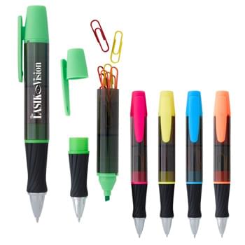 3-In-1 Executive Assistant Highlighter Pen - CLOSEOUT! Please call to confirm inventory available prior to placing your order!<br />Twist Action  | Ballpoint Pen With Black Ink   | Chisel Tip Highlighter   | Includes 8 Paper Clips In Assorted Colors