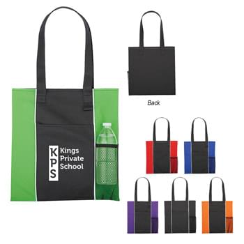 Non-Woven Brochure Tote Bag - Made of 80 Gram Laminated Non-Woven, Coated Water-Resistant Polypropylene | Front Pocket | Side Mesh Pocket | Loop For Attaching Pen Or Keys | 24" Handles | Spot Clean/Air Dry