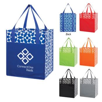 Non-Woven Geometric Shopping Tote Bag - Made Of 80 Gram Laminated Non-Woven, Coated Water-Resistant Polypropylene | Large Front Pocket | 10" Gusset | Reusable | Recyclable | 20 Ã‚Â½" Handles | Spot Clean/Air Dry