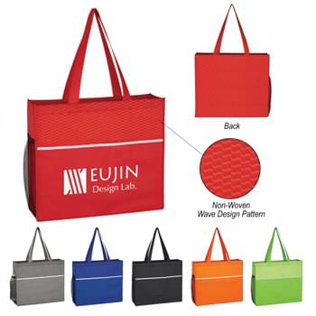 Non-Woven Wave Design Tote Bag - Made Of 80 Gram Non-Woven, Coated Water-Resistant Polypropylene | Large Front Pocket | Side Mesh Pocket | 3 Ã‚Â½" Gusset | 17" Handles | Spot Clean/Air Dry
