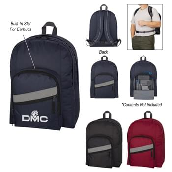 Deluxe Academic Backpack - CLOSEOUT! Please call to confirm inventory available prior to placing your order!<br />Made Of 420D Nylon | Adjustable Padded Shoulder Straps And Web Carrying Handle | Double Zippered Main Compartment With Padded Back | Large Front Zippered Compartment | Front Zippered Organizer Compartment For Accessories With Outside Zippered Pocket | Waist Belt For Secure Fit | Reflective Accents On Front And Back | Built-in Slots For Earbuds | Spot Clean/Air Dry