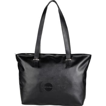 Zippered Vinyl 15" Computer Tote - CLOSEOUT! Please call to confirm inventory available prior to placing your order!<br />Large zippered main compartment. Dedicated and padded 15" laptop sleeve. Gold accent metal plates on base of shoulder straps for a professional and trendy look.