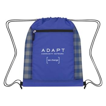 Checkered Mesh Accent Drawstring Bag - CLOSEOUT! Please call to confirm inventory available prior to placing your order!<br />Made Of 210D Polyester | Large Front Zippered Pocket | Drawstring Closure | Spot Clean/Air Dry