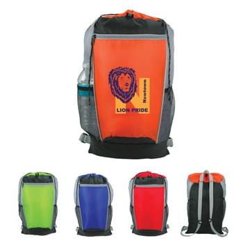 Tri-Color Drawstring Backpack - Made Of 210D Polyester | Adjustable Web Shoulder Straps And Carrying Handle | 2 Side Mesh Pockets | Front Zippered Pocket | Loop For Attaching Pen Or Keys | Drawstring Closure | Spot Clean/Air Dry