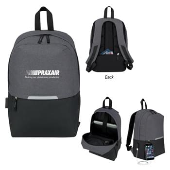 Computer Backpack With Charging Port - Made Of 600D Polyester | Adjustable Padded Shoulder Straps And Web Carrying Handle | Front And Back Zippered Pockets | Inside Zippered Pocket, Larger Pocket And Padded Laptop Pocket | Features 39" USB Cord Inside With Outside Charging Port For Easy Charging Access | Double Zippered Main Compartment With Padded Back | Reflective Accent On Front | Accommodates Most Laptops Up To 15" | Spot Clean/Air Dry | Power Bank Not Included