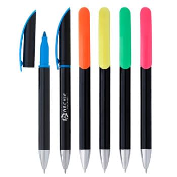 Bex Highlighter Pen - CLOSEOUT! Please call to confirm inventory available prior to placing your order!<br />Twist Action | Ballpoint Pen With Black Ink | Chisel Tip Highlighter | Extra Wide Pocket Clip