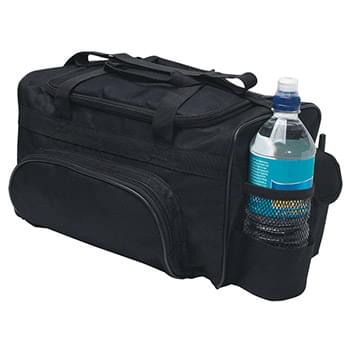 Kooler Bag - Made Of 600D Polyester With PEVA Lining | Side Pocket For Cell Phone | Mesh Pocket For Water Bottle | Double Zippered Top Closure | Two Web Handles For Carrying | Adjustable Shoulder Strap | Large Front Zippered Pocket | Holds Up To 12 Cans | Spot Clean/Air Dry