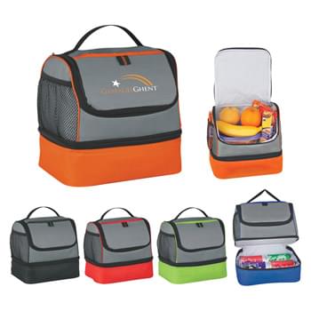 Two Compartment Lunch Pail Bag - Made Of 210D Polyester | PEVA Lining | Web Carrying Handle | Side Mesh Pocket | 2 Separate Insulated Compartments | Zippered Upper And Lower Compartments | Loop For Attaching Pen Or Keys | Spot Clean/Air Dry
