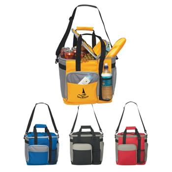 Large Insulated Kooler Tote - Made Of 600D Polyester | PEVA Lining | Web Carrying Handles With Hook And Loop Comfort Grip | Detachable/Adjustable Padded Shoulder Strap | 2 Separate Zippered Insulated Compartments | Bungee Cord Storage On Top | Front Zippered Pocket | Front Mesh Pocket For Water Bottle | Removable Liner For Easy Cleaning | Holds Up To 24 Cans | Spot Clean/Air Dry