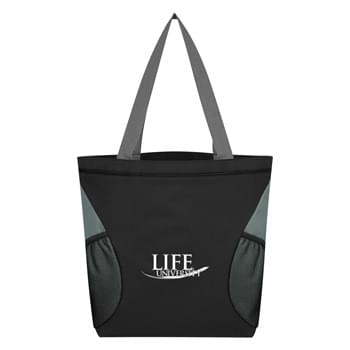 Mesh Accent Tote Bag - CLOSEOUT! Please call to confirm inventory available prior to placing your order!<br />Made Of 600D Polyester | 2 Side Mesh Pockets | 23" Handles | Spot Clean/Air Dry