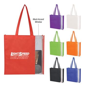 Glancer Non-Woven Tote Bag - CLOSEOUT! Please call to confirm inventory available prior to placing your order!<br />Made Of 80 Gram Non-Woven, Coated Water-Resistant Polypropylene | See Through Mesh Panels | 3 Ã‚Â½" Gusset | 22" Handles | Spot Clean/Air Dry